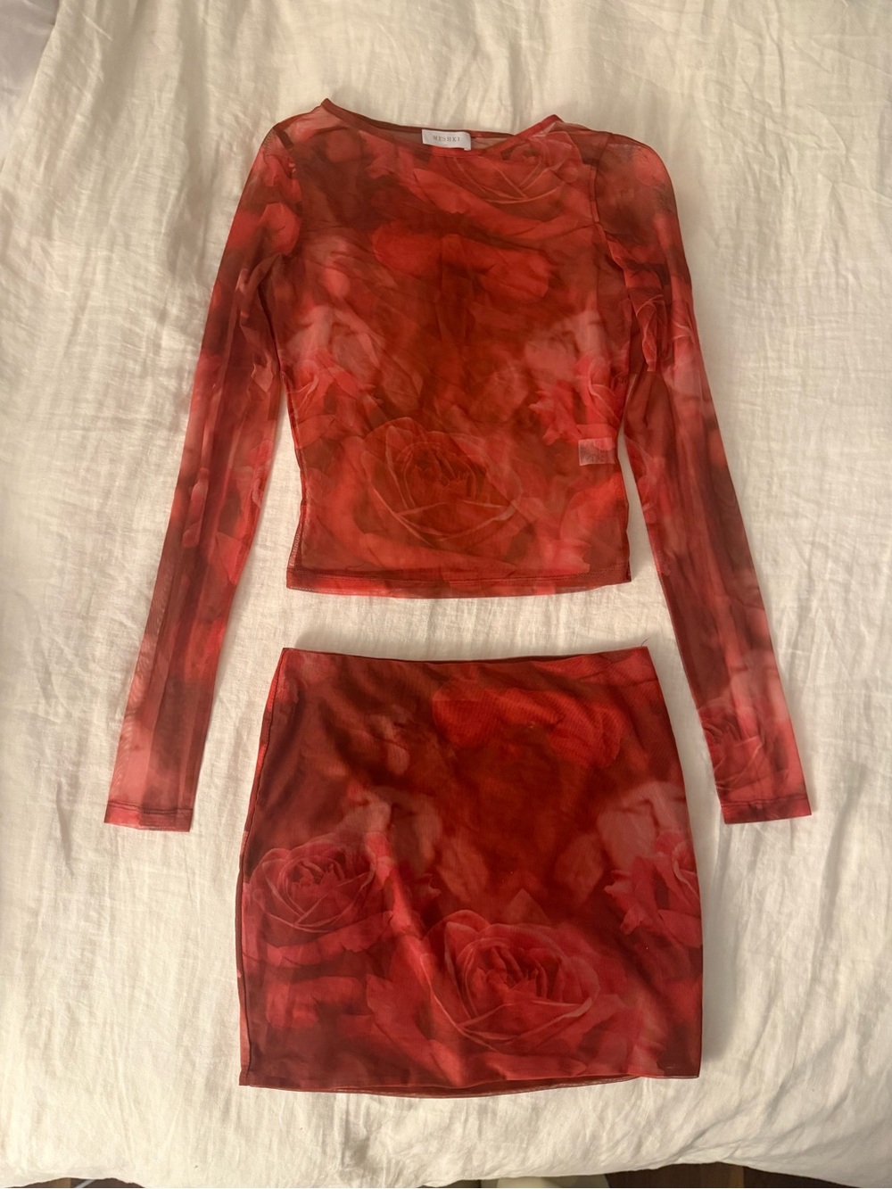 Sheer Red Rose-Print Long Sleeve Top and Skirt - Picture 2 of 4